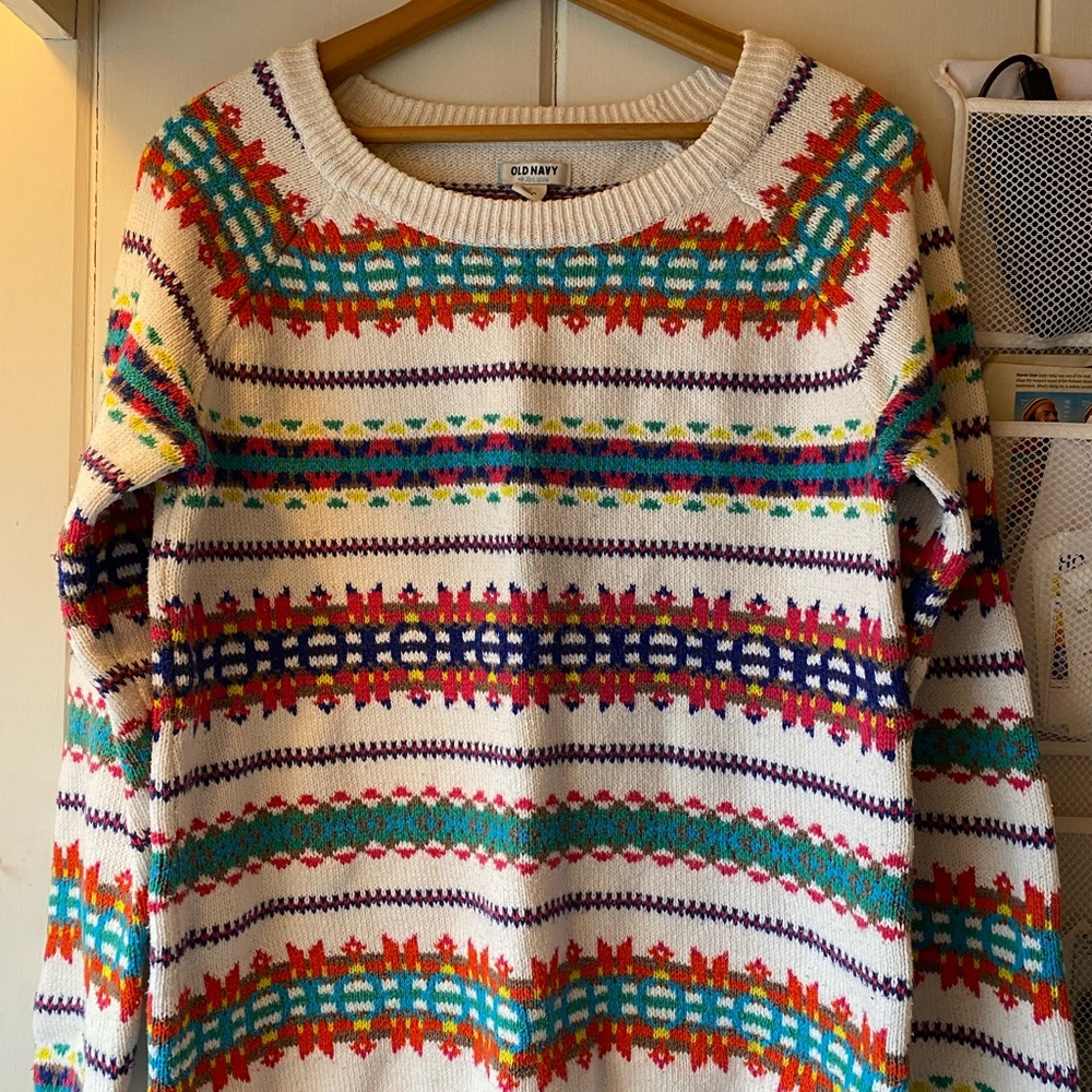 Winter ski lodge sweater 80’s style patterned warm cozy colorful